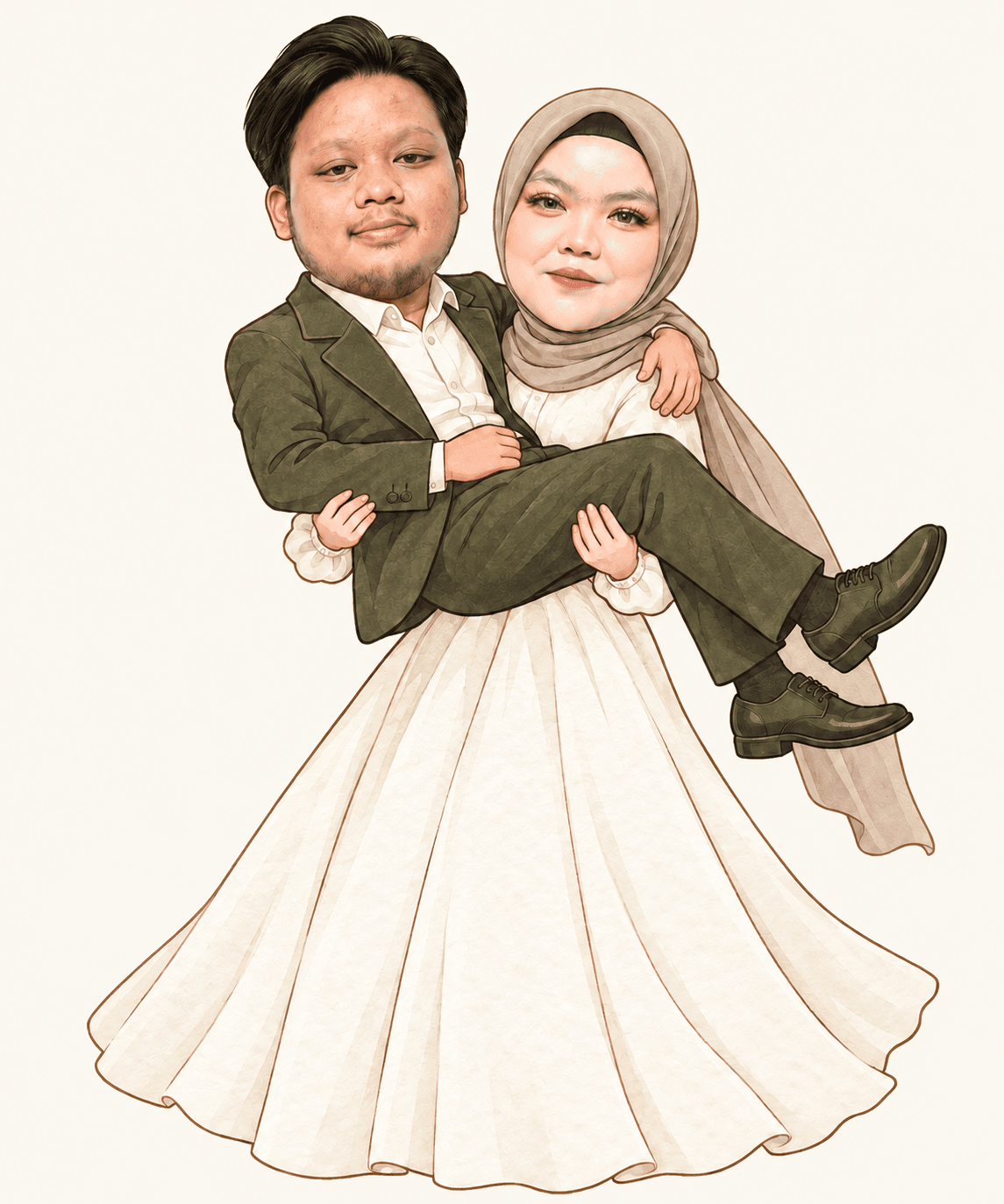 Ilustrasi Dinda berhijab menggendong Daffa, dengan wajah mereka dan busana pengantin bergaya gambar tangan