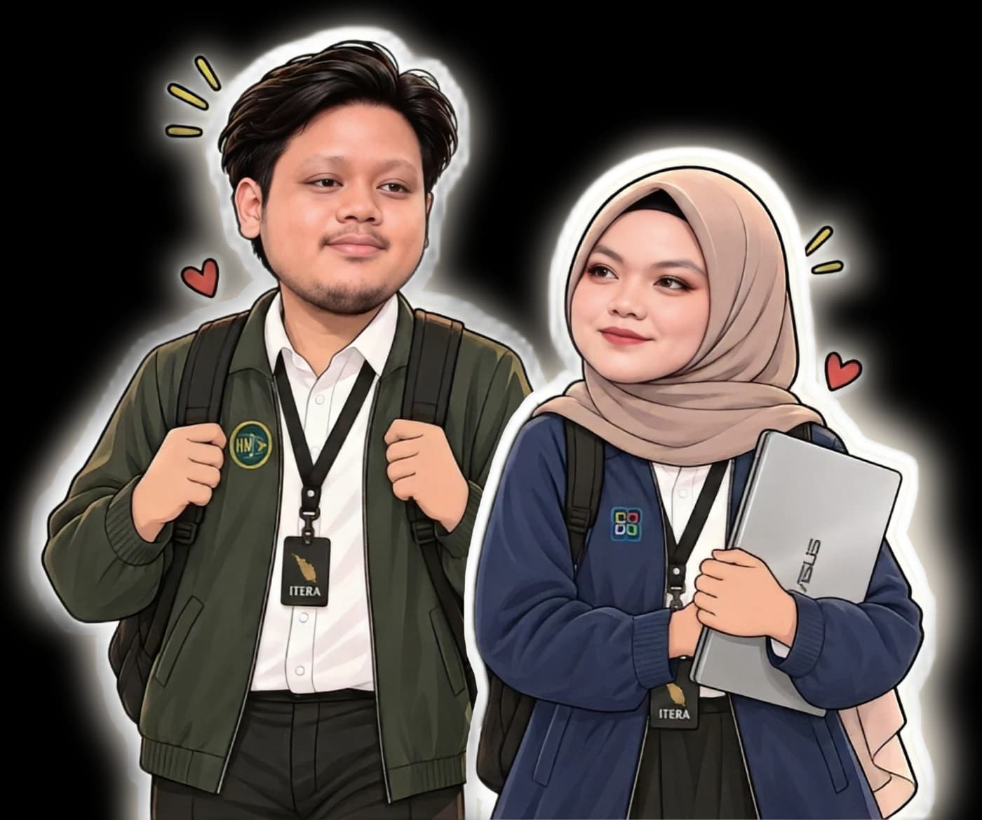 Ilustrasi Daffa berjaket hijau dan Dinda berjaket biru dengan tas ransel serta laptop, keduanya memakai lanyard ITERA.