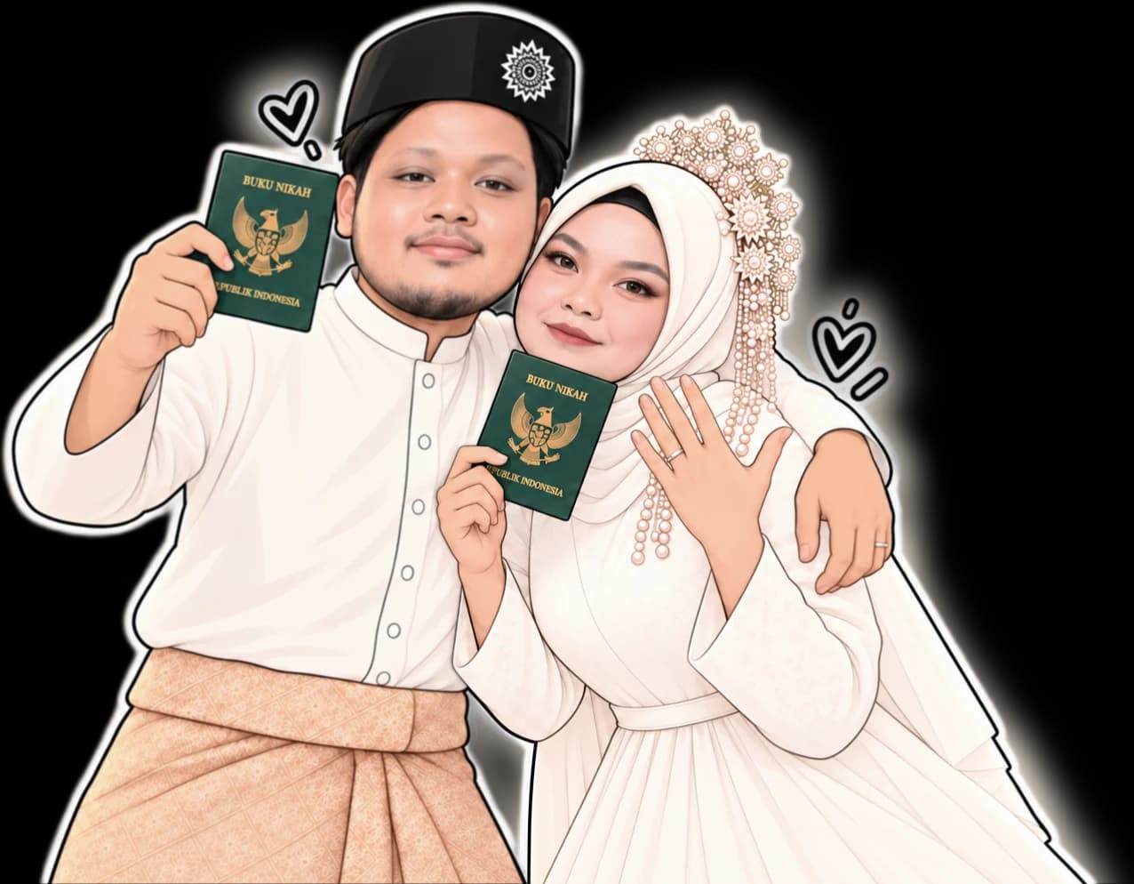 Ilustrasi Daffa berpeci dan Dinda berhijab putih dengan hiasan kepala, keduanya memegang buku nikah.
